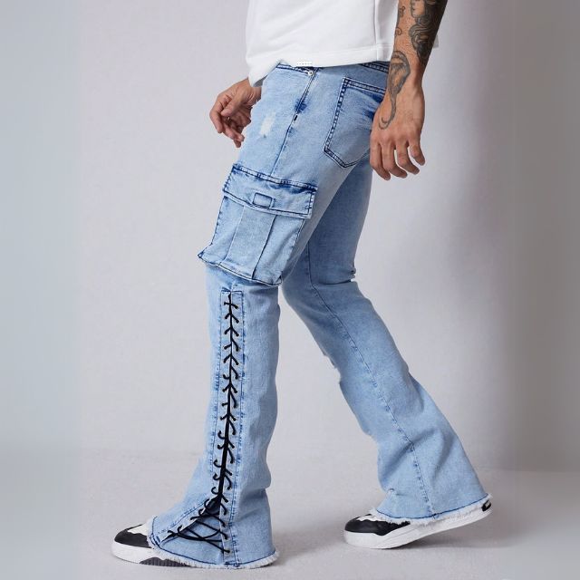 Men's Cargo Pocket Eyelet Lace-Up Casual Jeans