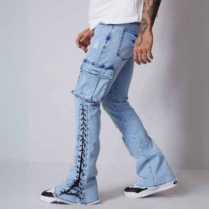 Men's Cargo Pocket Eyelet Lace-Up Casual Jeans