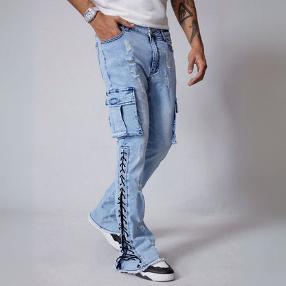 Men's Cargo Pocket Eyelet Lace-Up Casual Jeans