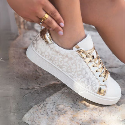 Women's Leopard Gold Print Lace Up Sneaker
