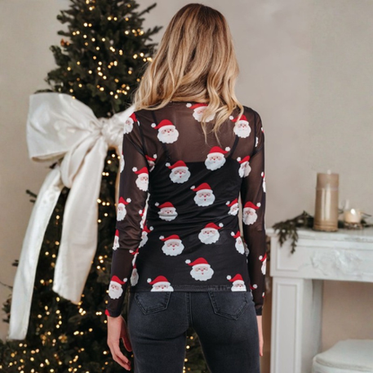 Women's Christmas Santa Long Sleeve Mesh Top