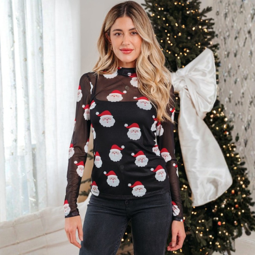 Women's Christmas Santa Long Sleeve Mesh Top