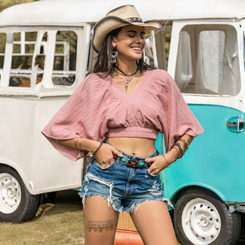 Textured V-Neck Crop Top