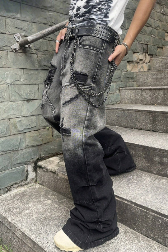 Men's Rockstar Distressed Wide Leg Black Jeans