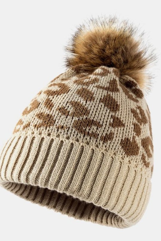 Leopard Pom-Pom Cuffed Beanie Hat
