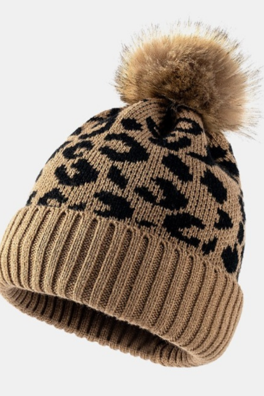 Leopard Pom-Pom Cuffed Beanie Hat