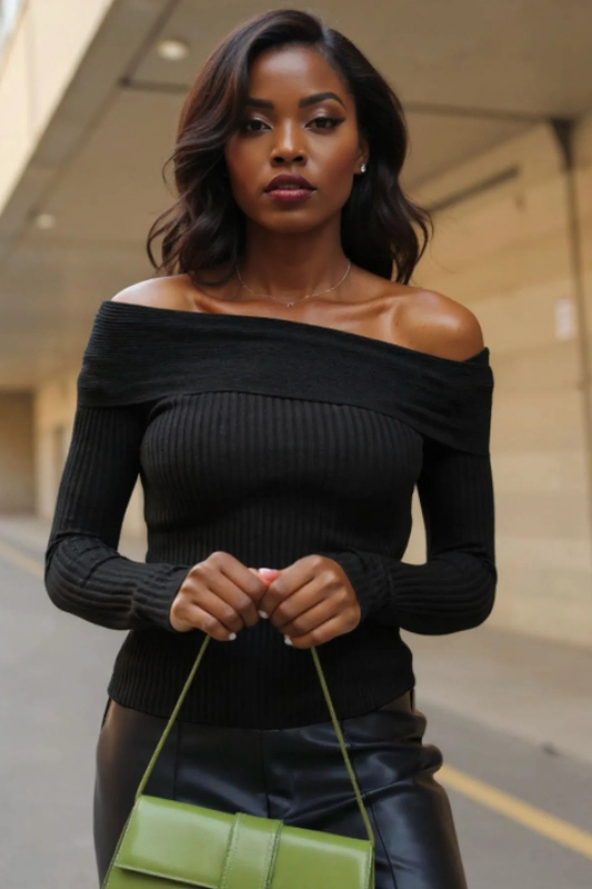 Women's Folded Off-Shoulder Ribbed Knit Sweater