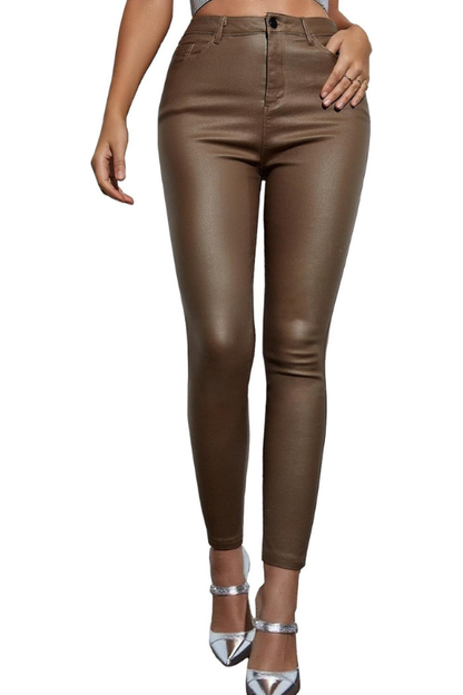 Women Faux Leather High Waist Stretchy Causal Tights Pants