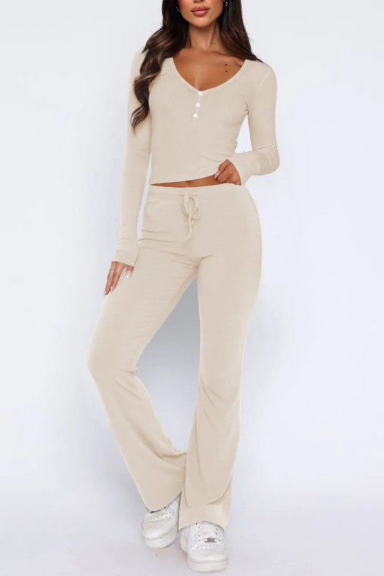 Women's V-Neck Long Sleeve Top and Pants Set