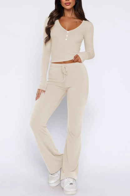 Women's V-Neck Long Sleeve Top and Pants Set