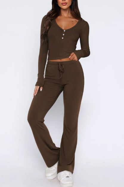 Women's V-Neck Long Sleeve Top and Pants Set
