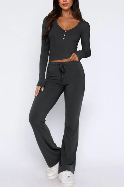 Women's V-Neck Long Sleeve Top and Pants Set