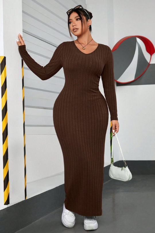 Plus Size Rib-Knit Long Sleeve Bodycon Maxi Dress – DamaniBrand