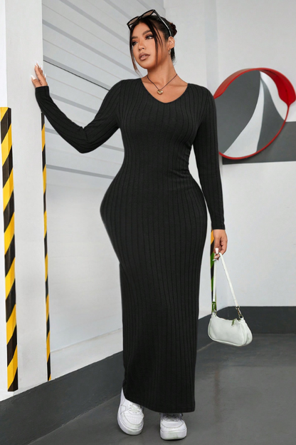 Plus Size Rib-Knit Long Sleeve Bodycon Maxi Dress