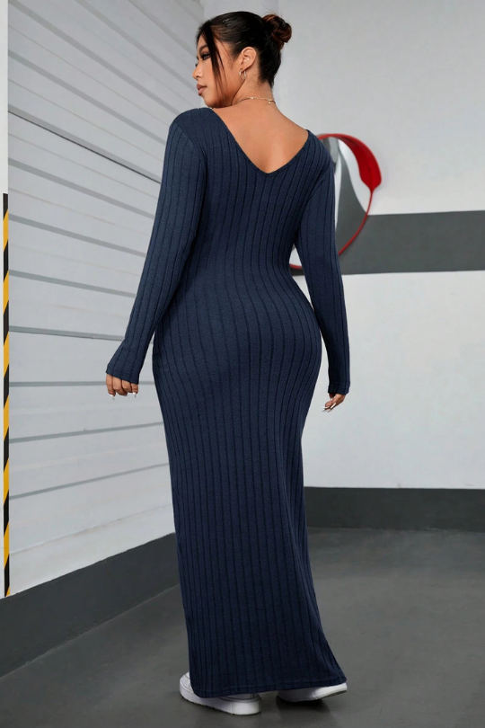Plus Size Rib-Knit Long Sleeve Bodycon Maxi Dress