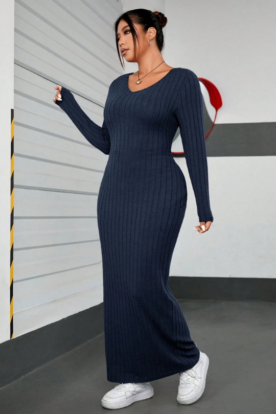 Plus Size Rib-Knit Long Sleeve Bodycon Maxi Dress