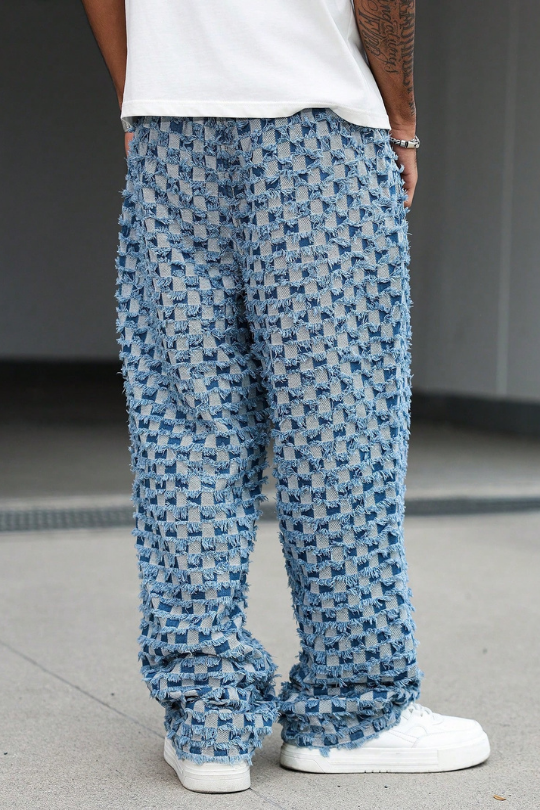 Men's Checkered Wide Leg Drawstring Jeans