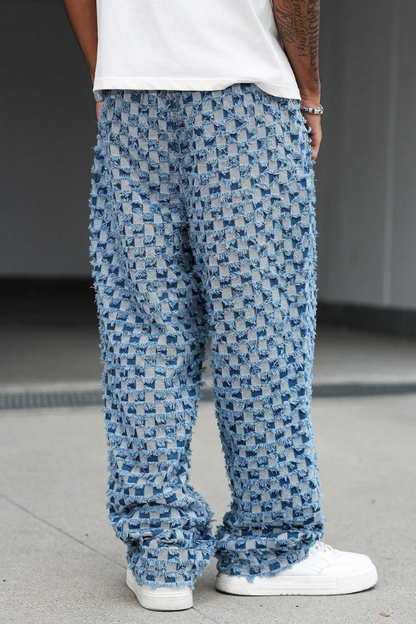 Men's Checkered Wide Leg Drawstring Jeans
