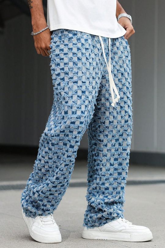 Men's Checkered Wide Leg Drawstring Jeans