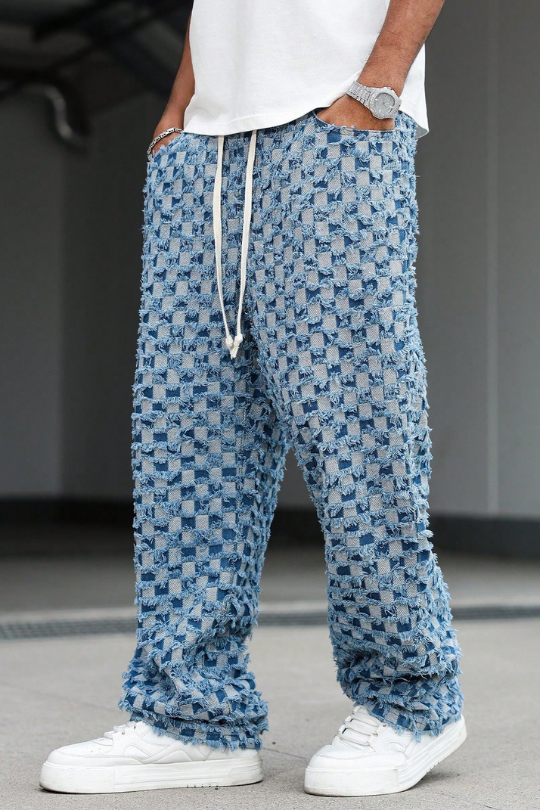 Men's Checkered Wide Leg Drawstring Jeans