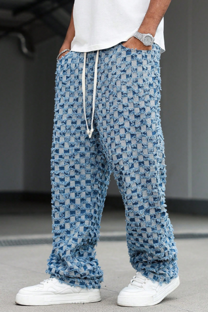 Men's Checkered Wide Leg Drawstring Jeans