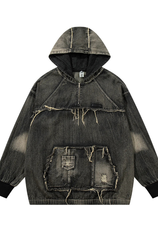 Men's Distressed Denim Patchwork Oversized Hoodie