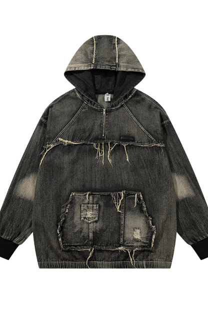 Men's Distressed Denim Patchwork Oversized Hoodie