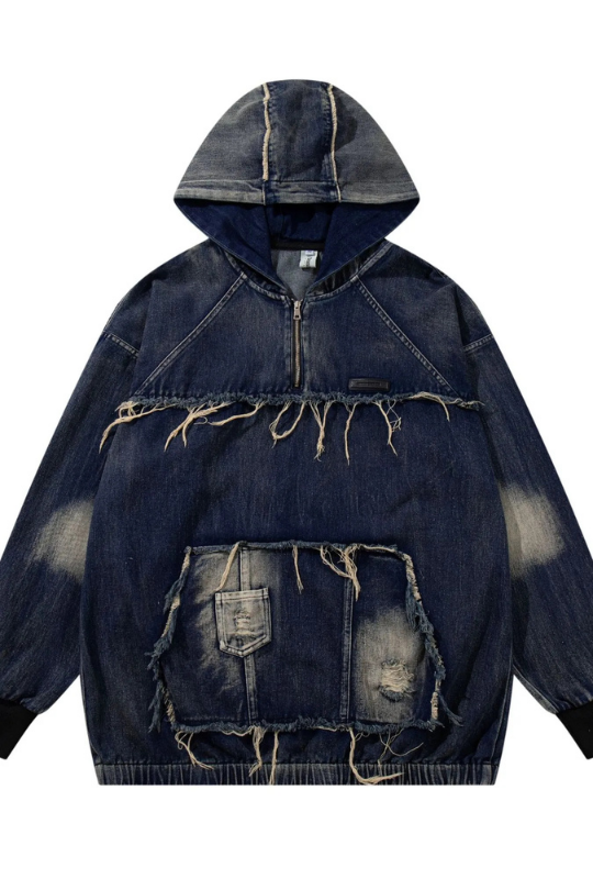 Men's Distressed Denim Patchwork Oversized Hoodie