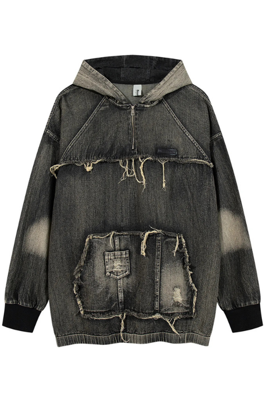 Men's Distressed Denim Patchwork Oversized Hoodie