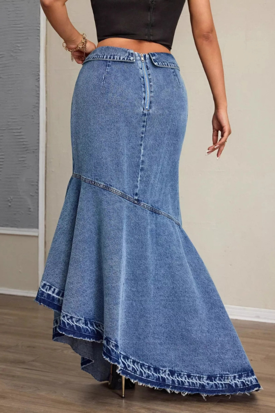 High-Waist Mermaid Ruffled Slit Denim Maxi Skirt