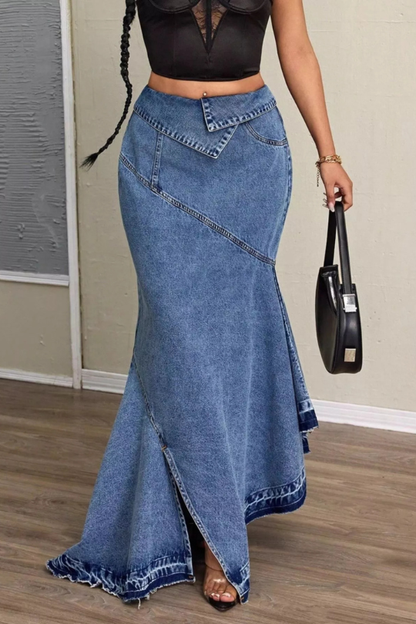 High-Waist Mermaid Ruffled Slit Denim Maxi Skirt