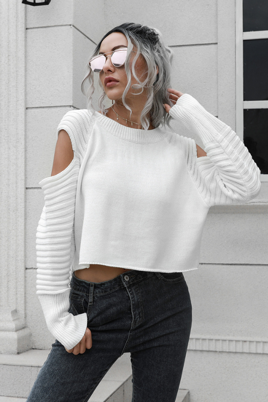 Women's Hollow Sleeve Ribbed Cropped Sweater
