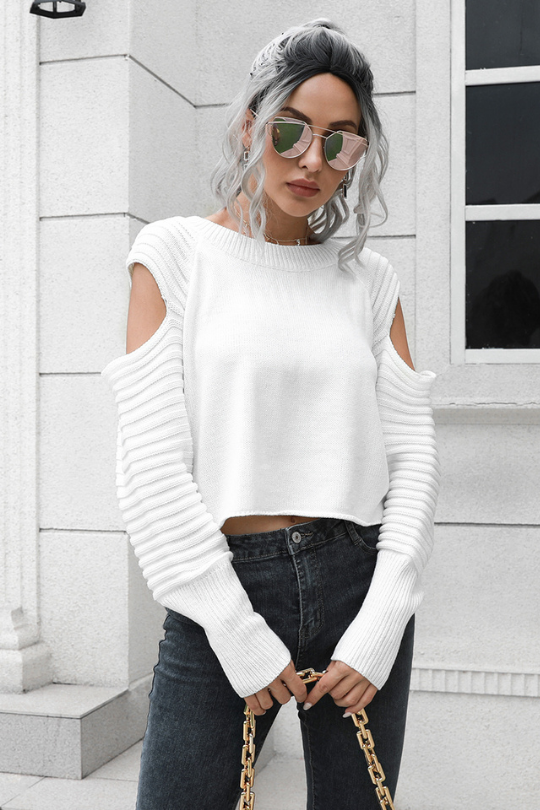 Women's Hollow Sleeve Ribbed Cropped Sweater