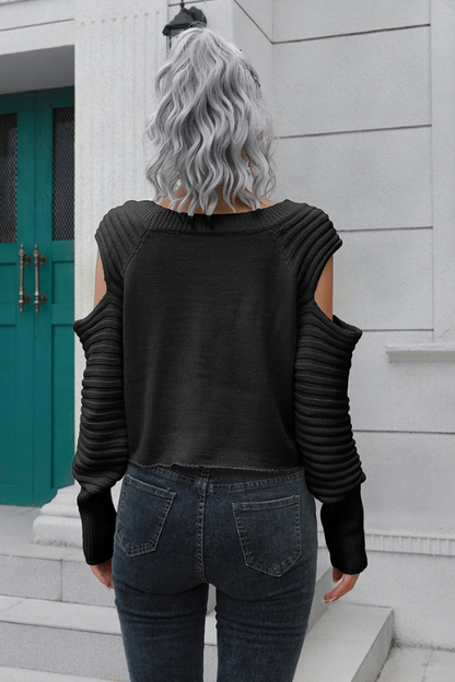 Women's Hollow Sleeve Ribbed Cropped Sweater