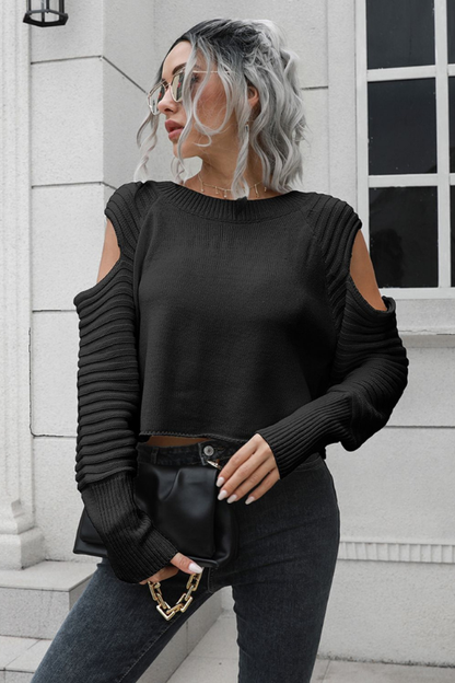 Women's Hollow Sleeve Ribbed Cropped Sweater