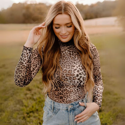 Leopard Print Smocked Neck Mesh Bodysuit
