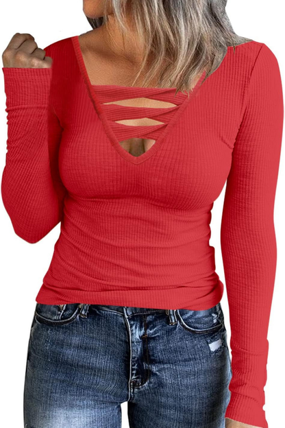Women V-Neck Criss Cross Long Sleeve Tunic Tops