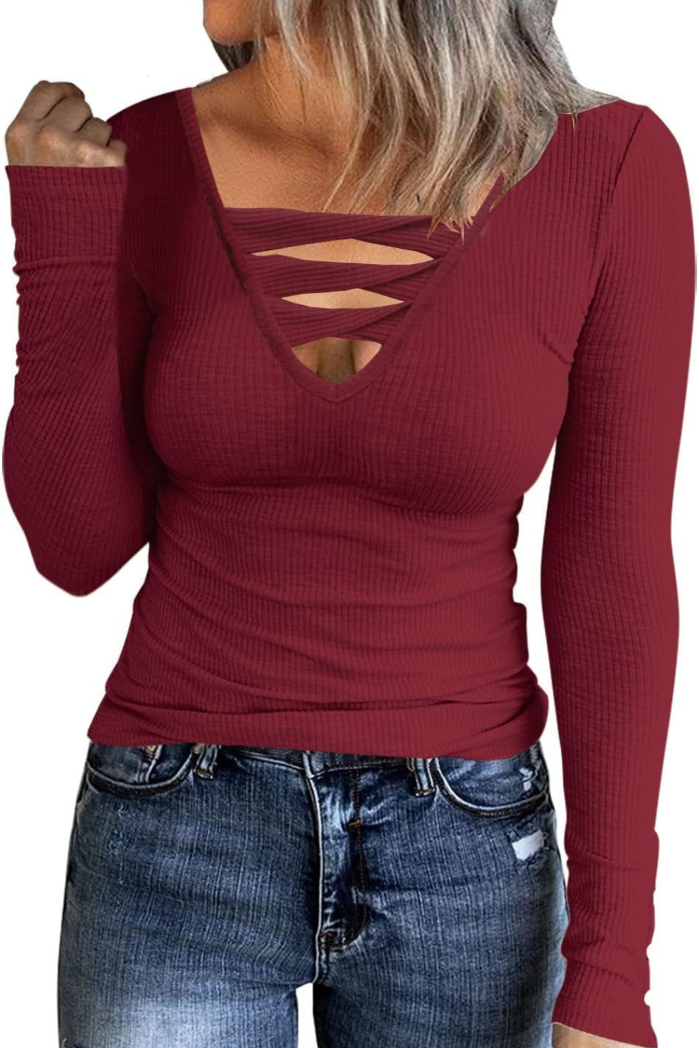 Women V-Neck Criss Cross Long Sleeve Tunic Tops