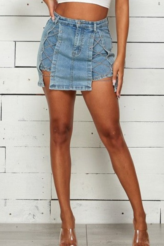 Denim Chain Lace Up Shorts Skirt