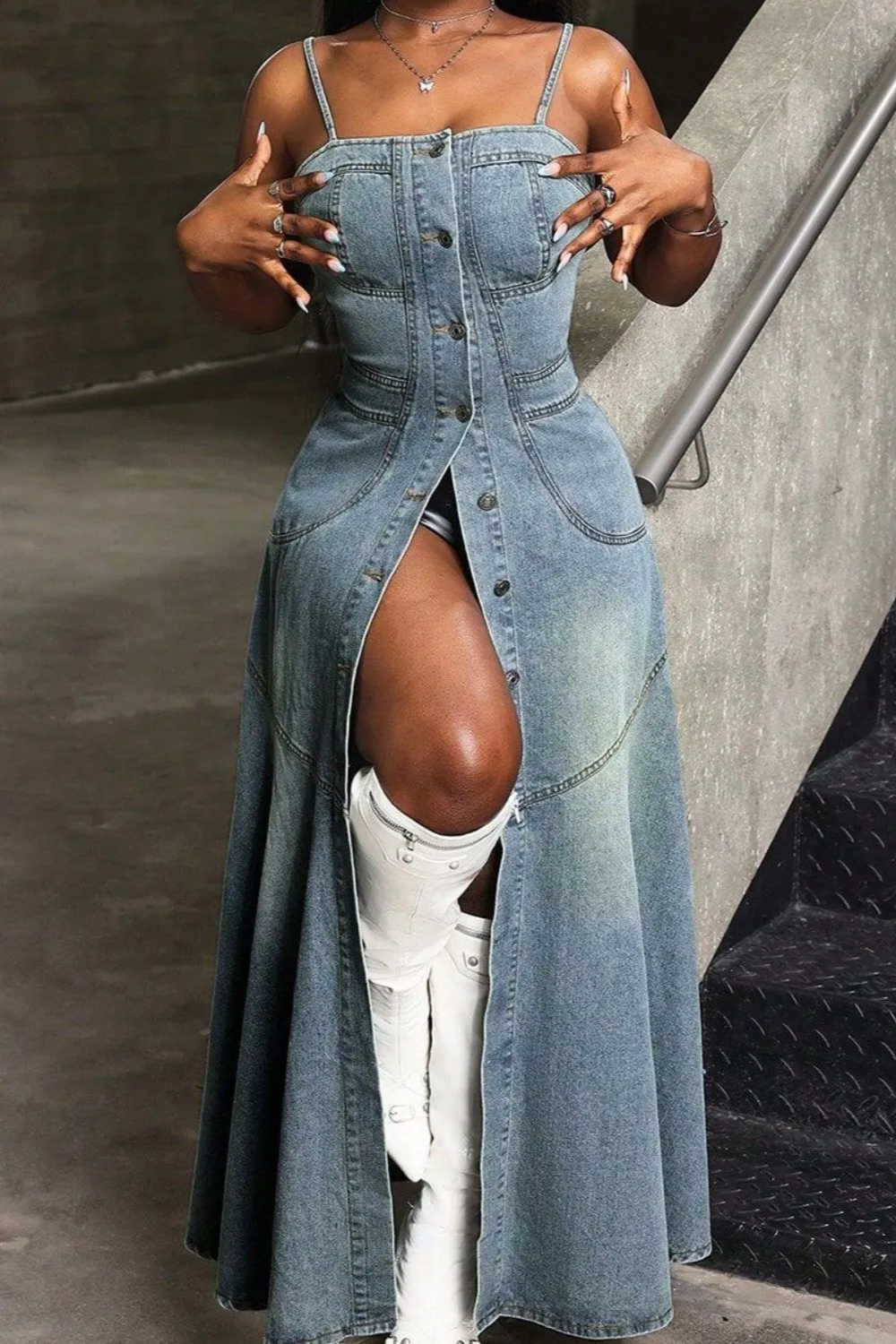 Denim Spaghetti Strap Front Button Cami Dress