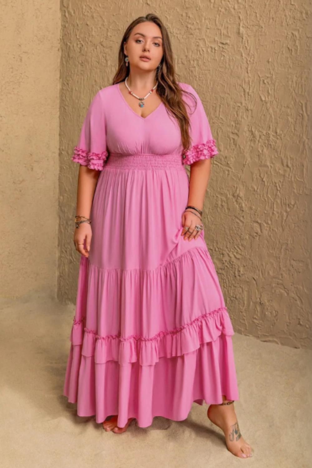 Women's Plus Size V-Neck Flared Maxi Dress