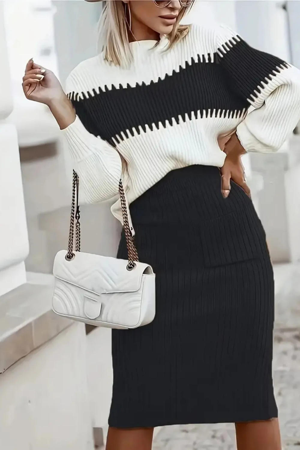 Women's Ribbed Knit Sweater Top and Skirt Set