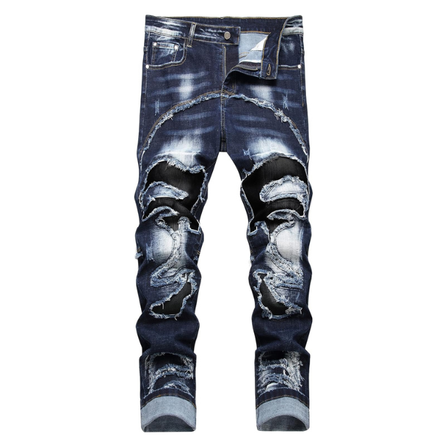Men's Ripped Distressed Drip Boy Straight Fit Washed Denim Jeans