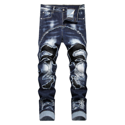 Men's Ripped Distressed Drip Boy Straight Fit Washed Denim Jeans
