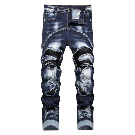 Men's Ripped Distressed Drip Boy Straight Fit Washed Denim Jeans