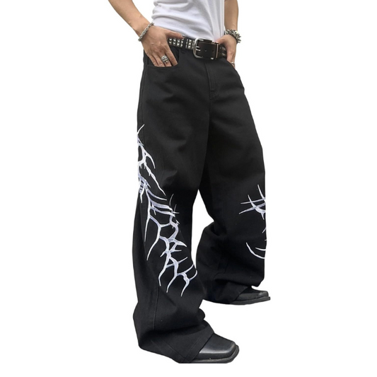 Men's Hip-hop Embroidered Baggy Loose Fit Denim Black  Jeans