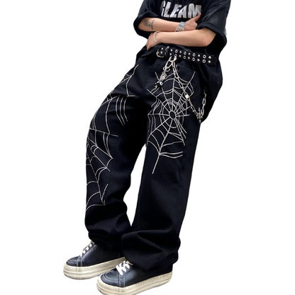Men's Hip-hop Embroidered Baggy Loose Fit Denim Black  Jeans