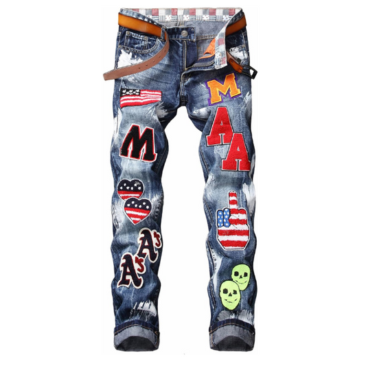 Men's Designer Straight Slim Fit Patchwork Jeans