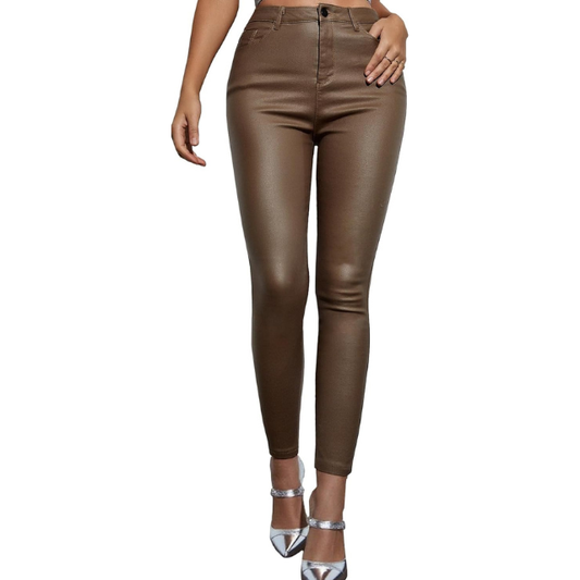 Women Faux Leather High Waist Stretchy Causal Tights Pants