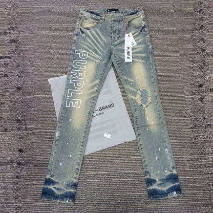 Light Men's Luxury Ripped Hole Letter Logo Print Denim